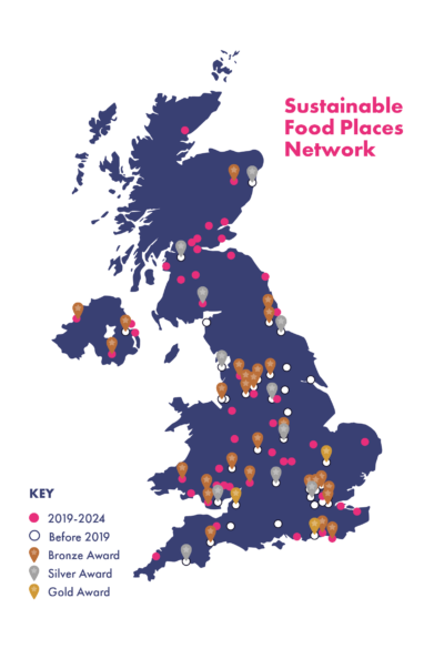 Sustainable Food Places Network map showing where food partnerships are set up around the UK. The map also as a key that highlights if the food partnership has been awarded bronze, silver or gold status by Sustainable Food Places. The map also highlights how long the food partnership has existed for. Graphic designed by Clare Daniels (CSDesign)
