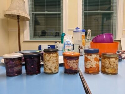 The phot is of pickled vegetables in a range of jars. This is an example of one of the techniques that our participants learn from the sessions with Food Matters.